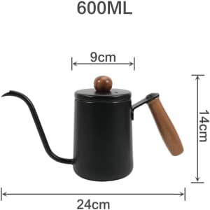 A stainless steel pour over kettle in black with a wooden handle, featuring a long spout and a round lid.