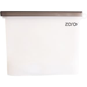 A silicone reusable storage pouch in clear with a brown top, featuring a logo. Holds up to 1000ML.