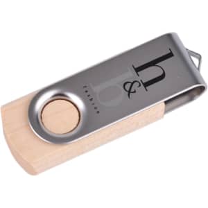 A metal swivel flash drive with a wooden base, featuring a circular cutout and a branding logo on the metallic surface.