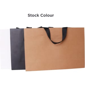 A medium paper bag with flat handles in brown, black, and white colours, featuring a logo.