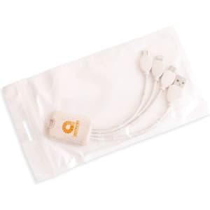 A square-shaped wheat straw charging cable in a clear plastic pouch, featuring a logo and multiple connectors.