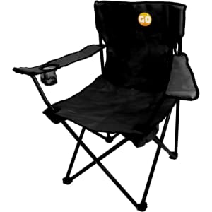 A black foldable portable camping chair with a cup holder and a logo on the backrest.