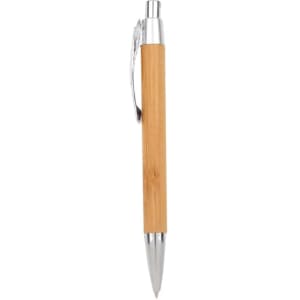 A bamboo click pen with a silver tip and clip, featuring a natural wood finish. It has a logo on the barrel.