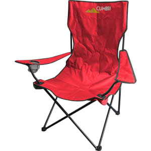 A red foldable portable camping chair with armrests, a cup holder, and a black metal frame. It features a logo.