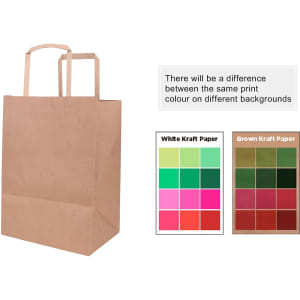 A brown Kraft paper bag with flat handles, featuring a colour comparison for white and brown Kraft paper.