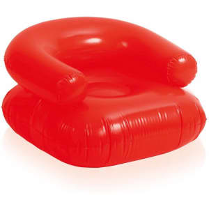 A red inflatable chair with rounded arms and a cushioned seat, designed for leisure use. It features a smooth surface and a logo.