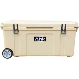 A 120L beige cooler box with wheels and a logo, featuring sturdy latches for secure closure.
