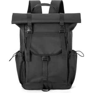 A black polyurethane roll top backpack with adjustable straps and side pockets. It features a sleek, modern design.
