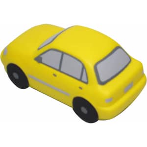 A yellow sedan car-shaped stress reliever with black wheels and grey detailing. It has a simple design and a logo.