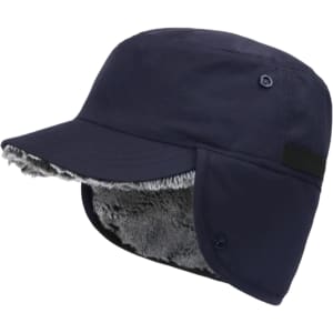 A thickened navy earflap hat with a plush lining and adjustable flaps on the sides. Features a logo on the side.