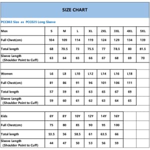 A size chart displaying measurements for unisex, women's, and kids' long sleeve jerseys in various sizes.