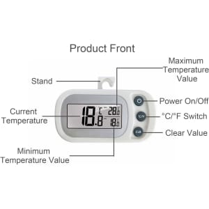 A white ambient thermometer displaying current and minimum/maximum temperature values, with buttons for settings and a stand.