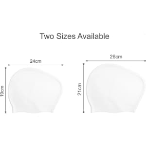 A silicone swim cap for women in white, available in two sizes, with measurements displayed.
