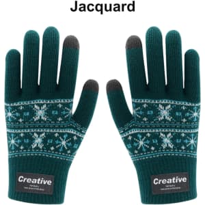 A pair of teal jacquard gloves with a snowflake pattern and grey fingertips, featuring a logo label.