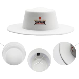 A white flat top felt fedora hat with a logo, featuring a wide brim and interior details.