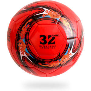 A red promotional soccer ball featuring a 32-panel design and a logo, ideal for leisure and outdoor activities.