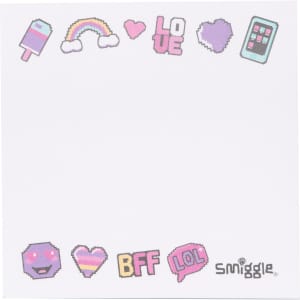 Custom-shaped sticky note memo pads featuring various colourful icons around the border, with a white centre for notes.