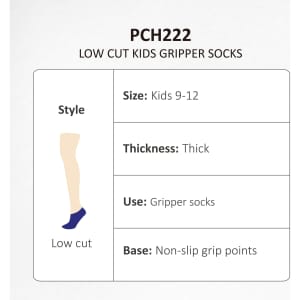 Low cut kids gripper socks in navy with non-slip grip points and thick material for comfort. Features a logo.