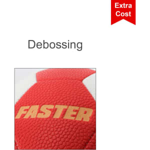 A red machine-stitched PU handball with a textured surface and a branding logo.