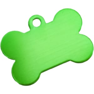 A green bone-shaped pet ID tag made of durable material, featuring a hole for attachment. It has a simple, smooth surface.