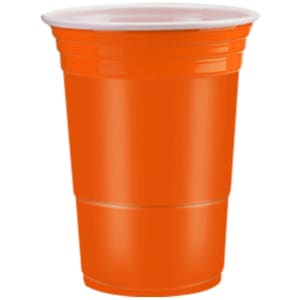 An orange party cup with a white lid, featuring a branded logo.
