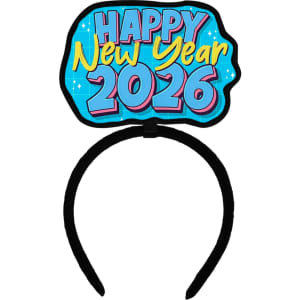 A black headband featuring a colourful "Happy New Year 2026" graphic on top. The design is bright and festive.