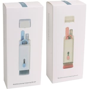 Two boxes of a multifunctional cleaning kit in white with light blue and pink accents, each containing various cleaning tools.