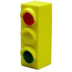 A yellow traffic light shape stress reliever featuring red, yellow, and green buttons. It has a logo on one side.