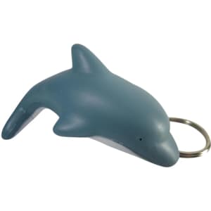 A blue dolphin-shaped stress reliever with a keyring attachment. The product features a smooth, soft texture.