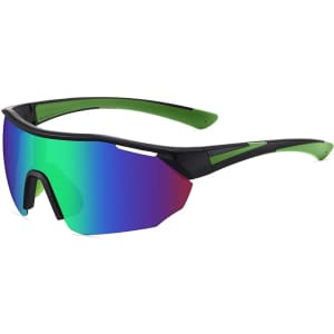Sports cycling sunglasses featuring a sleek black frame with green accents and a vibrant, reflective lens.