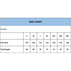 A size chart for a jacket featuring measurements for various sizes, including full chest and total length.