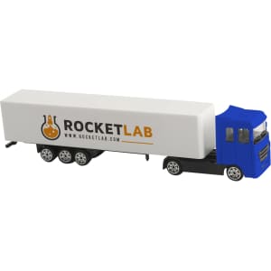 A blue truck toy with a white trailer featuring a branding logo. The truck is designed as a novelty item.