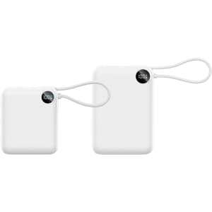 A white 10000mAh power bank with a charging cable, featuring a digital display and a loop for easy carrying.