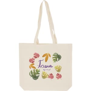 A natural-coloured calico bag with long handles featuring floral designs and a logo.