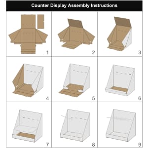 Assembly instructions for a corrugated cardboard counter hook display, featuring several steps and a primarily brown colour.