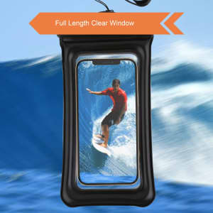 A waterproof black cellphone dry bag featuring a full-length clear window, displaying a phone.