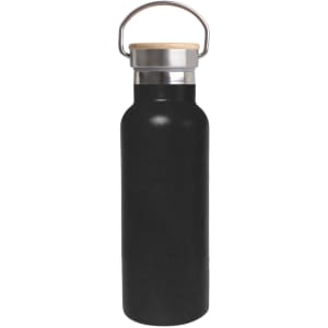 A drink bottle featuring a black exterior and a bamboo lid, with a stainless steel neck and a metal handle.