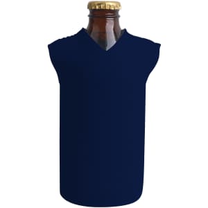 A drink bottle cooler in navy blue with a V-neck design, featuring a bottle cap at the top.