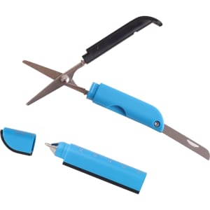 Multifunctional scissors in blue, featuring a cutting blade, safety cap, and measuring tool, with a logo displayed.