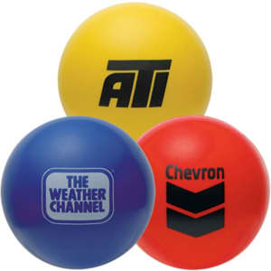 A set of three stress balls in yellow, blue, and red, with various logos on each.