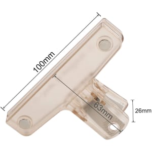A translucent plastic magnetic clip in a clear colour, featuring measurements of 100mm by 63mm by 26mm.