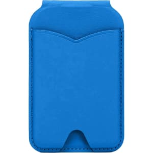 A blue PU magnetic card holder with a mirror, featuring a sleek design and a pocket for cards.