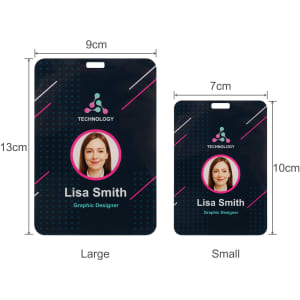 An acrylic name tag in two sizes, featuring a dark background with pink and blue accents and a logo.