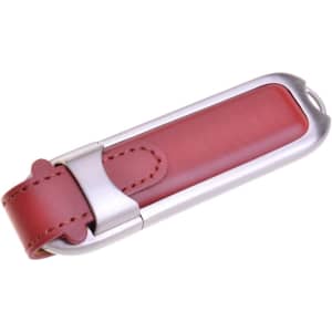 A red and silver flash drive with a leather finish and a metal casing, featuring a logo.