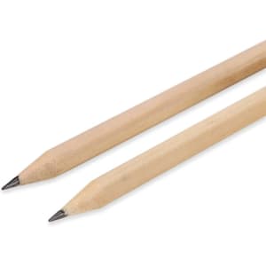 Two grey-lead pencils with wooden shafts, featuring sharpened tips. The product includes a logo.