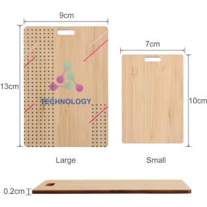 A bamboo name tag with a large and small design, featuring a logo and a natural wood finish.