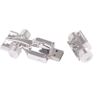 A silver racing car flash drive with detailed features, including wheels and exhausts, separated from its USB connection.