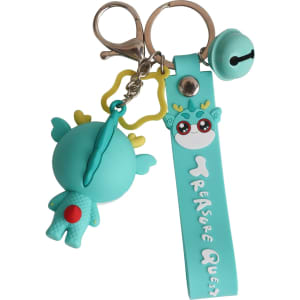 A turquoise custom-shaped PVC keyring with a cute character and a bell attachment. Features a branding tag.