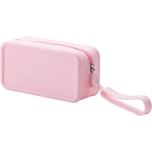 A pink silicone square cosmetic bag with a zip closure and a wrist strap. Features a branding logo.
