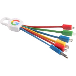 A charging cable with six connectors in red, blue, green, yellow, and black, featuring a logo on the connector.